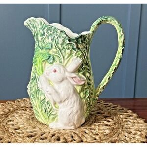 Vintage Shafford "Rabbit Patch" Majolica Pitcher 48 oz Rabbits & Cabbage 1987